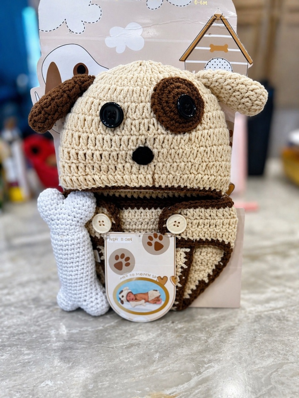Handmade Cream & Brown Crochet Dog Hat and Wrap Set with Toy - Unbranded